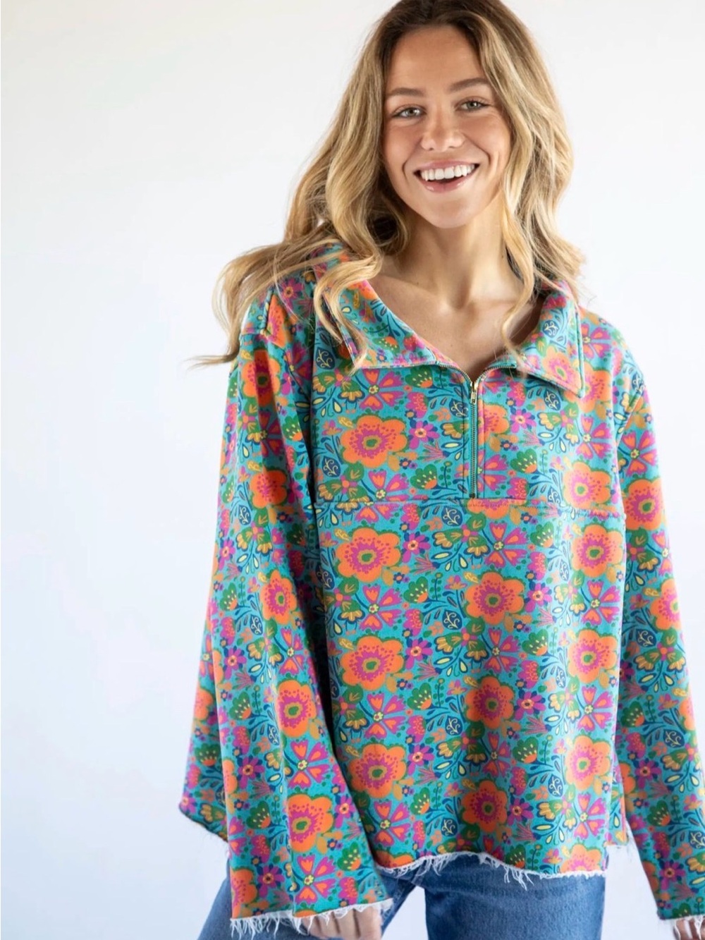 NATURAL LIFE Teal Floral Quarter-Zip Pullover with Pink & Orange Blooms